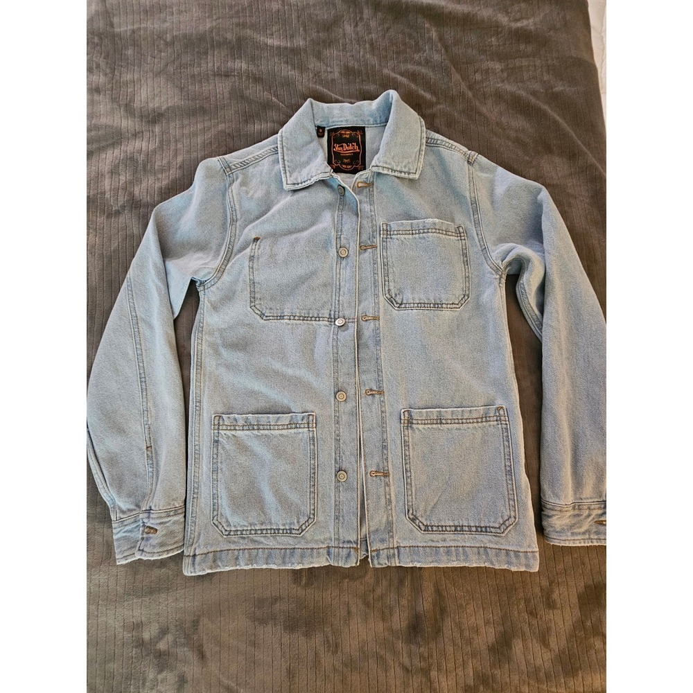 Von Dutch Originals Light Wash Denim Chore Jacket Multi Patch Back Y2K Medium